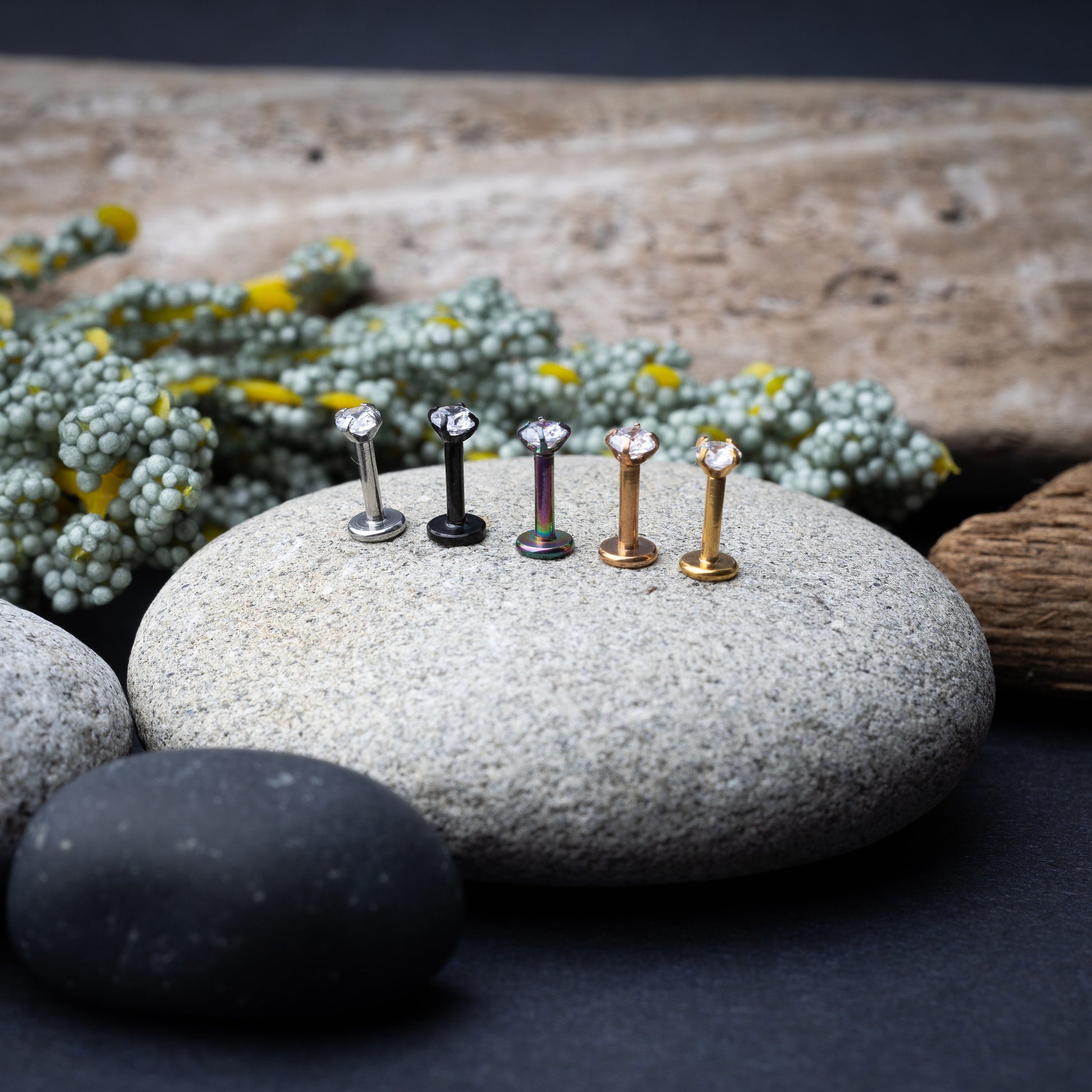 A set of five labret studs with clear gemstones, featuring finishes in gold, rose gold, rainbow, black, and silver, displayed on a stone background.