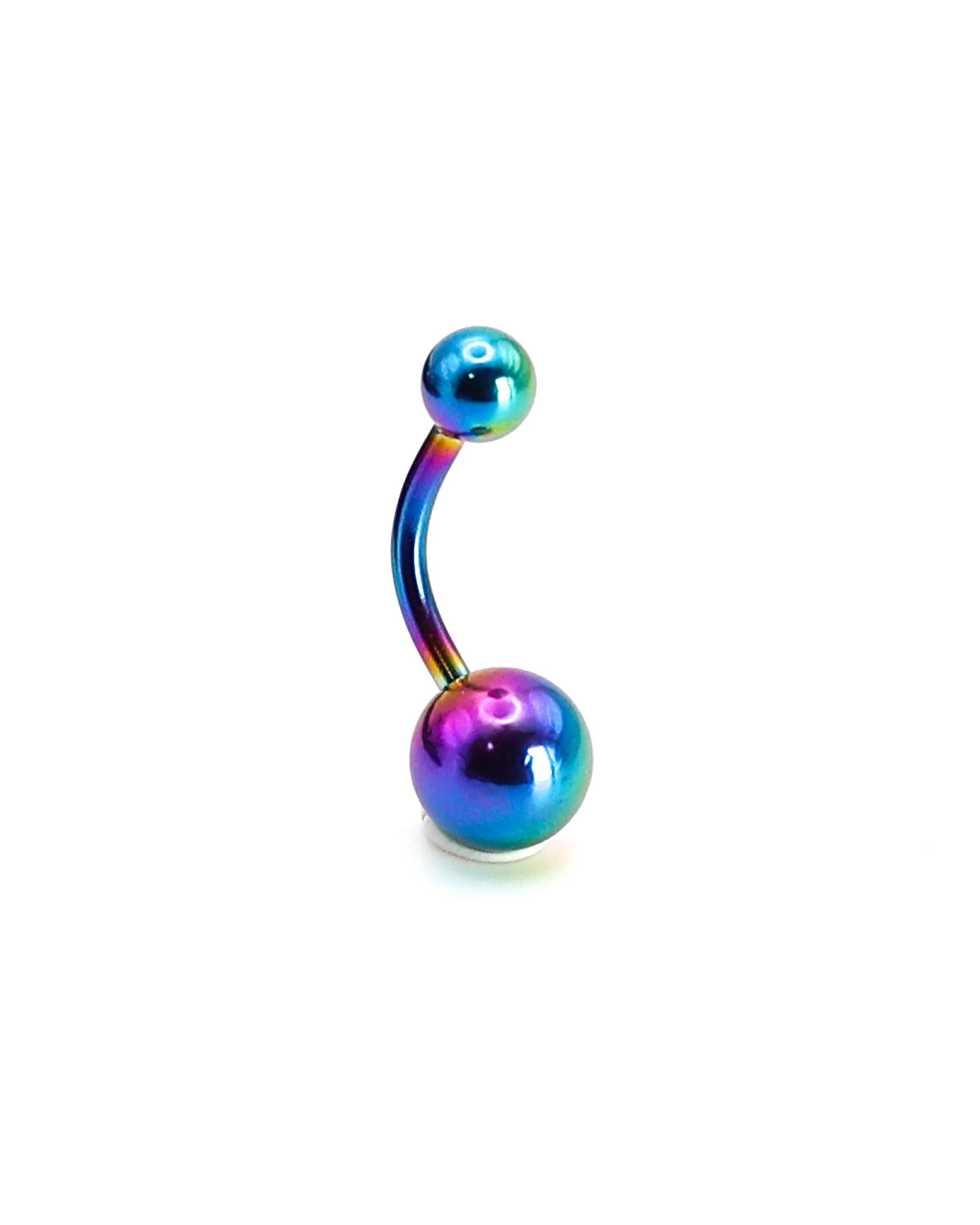 Stainless steel belly bar in rainbow displayed on a white background