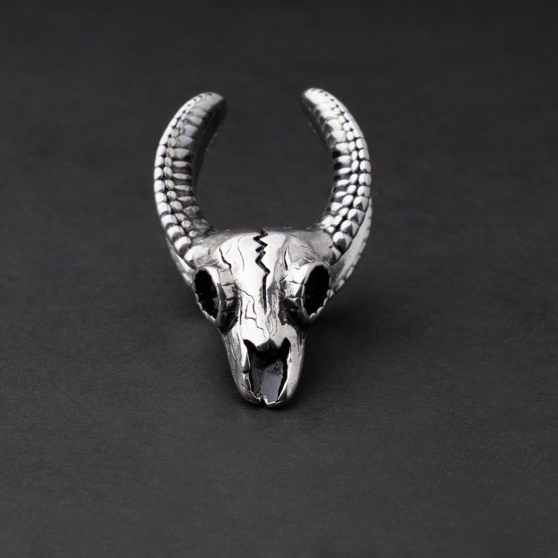 Ram skull saddle tunnel in silver, showcasing intricate skull details and bold design on a dark background.