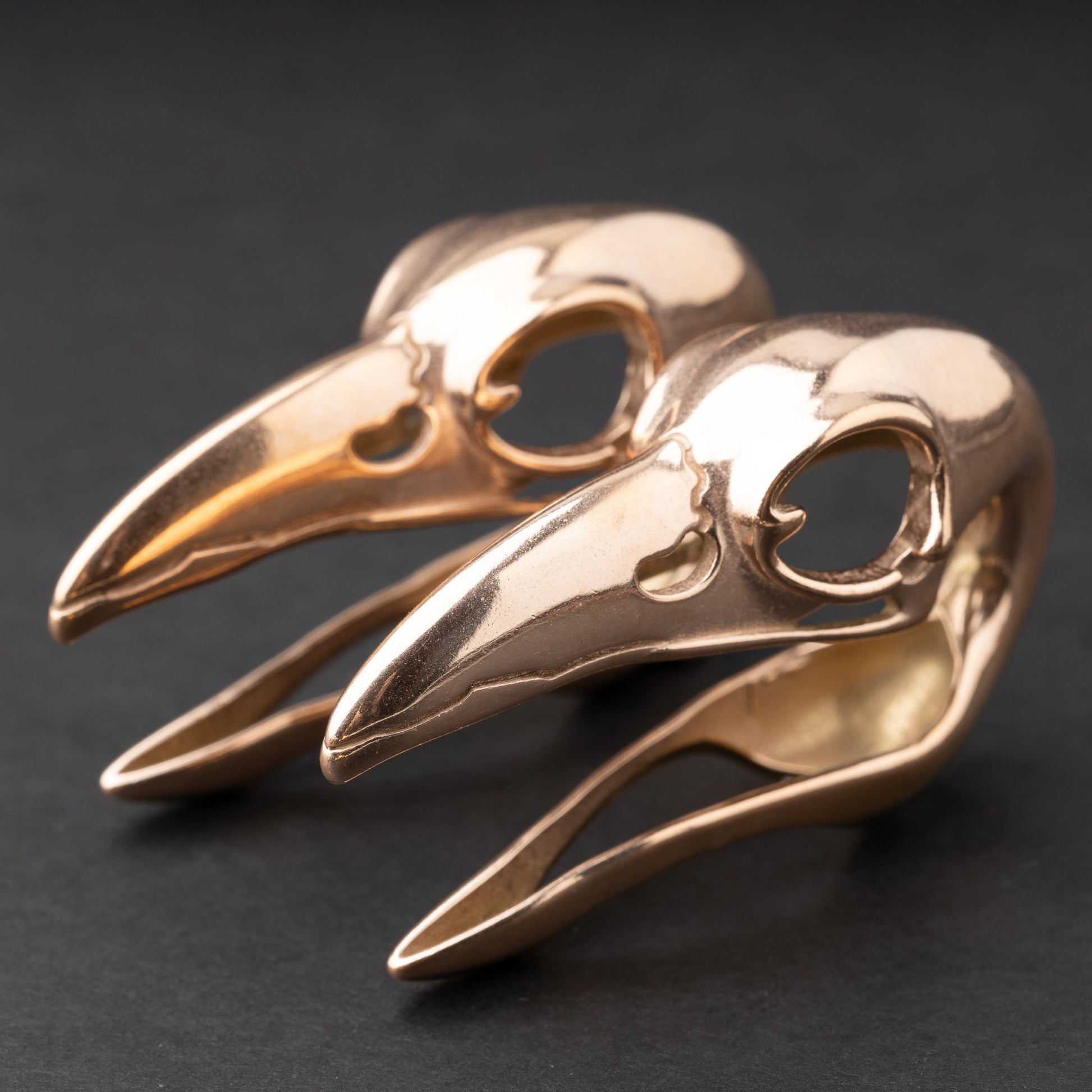 Raven skull saddle plugs in rose gold, elegantly displayed on a dark background.
