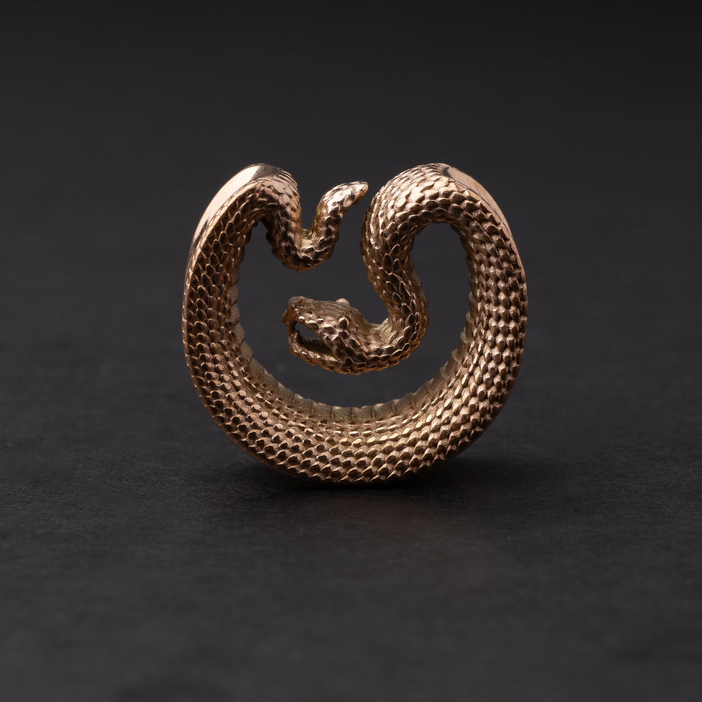 Rose Gold Gold Snake-shaped saddle plugs, displayed on a dark background.