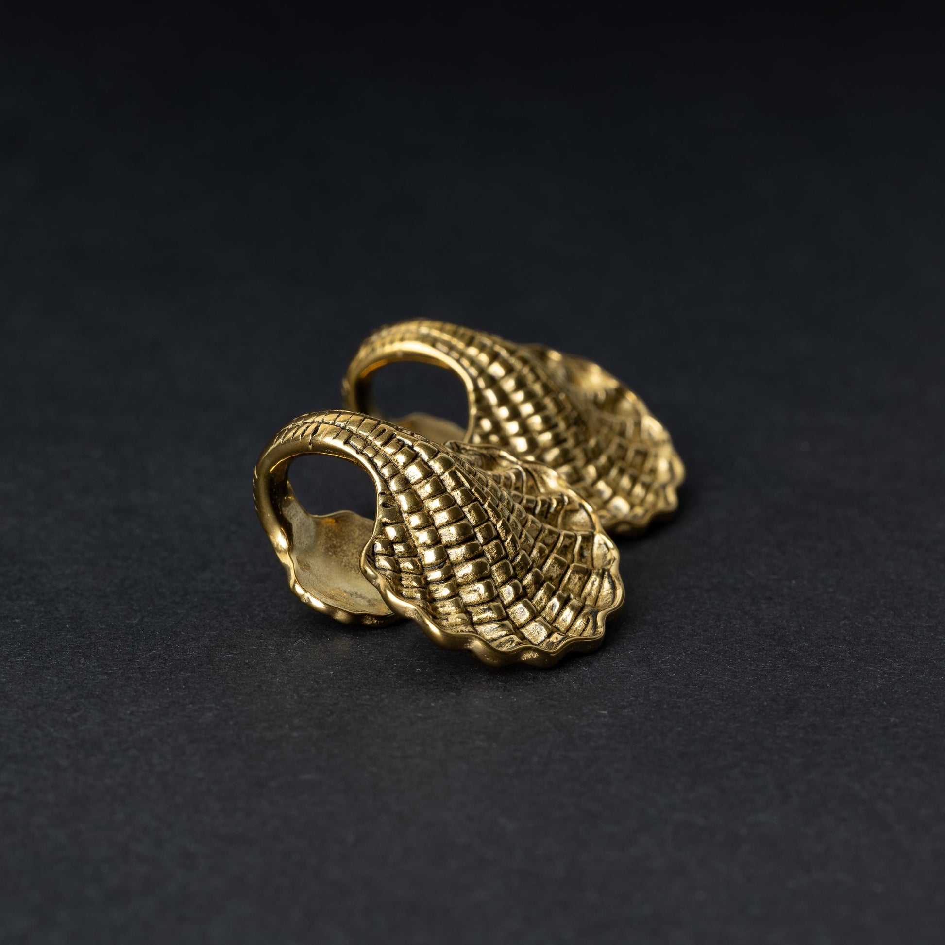 Two seashell-shaped ear weights in polished gold, with detailed textures and a bold design, displayed on a dark background.
