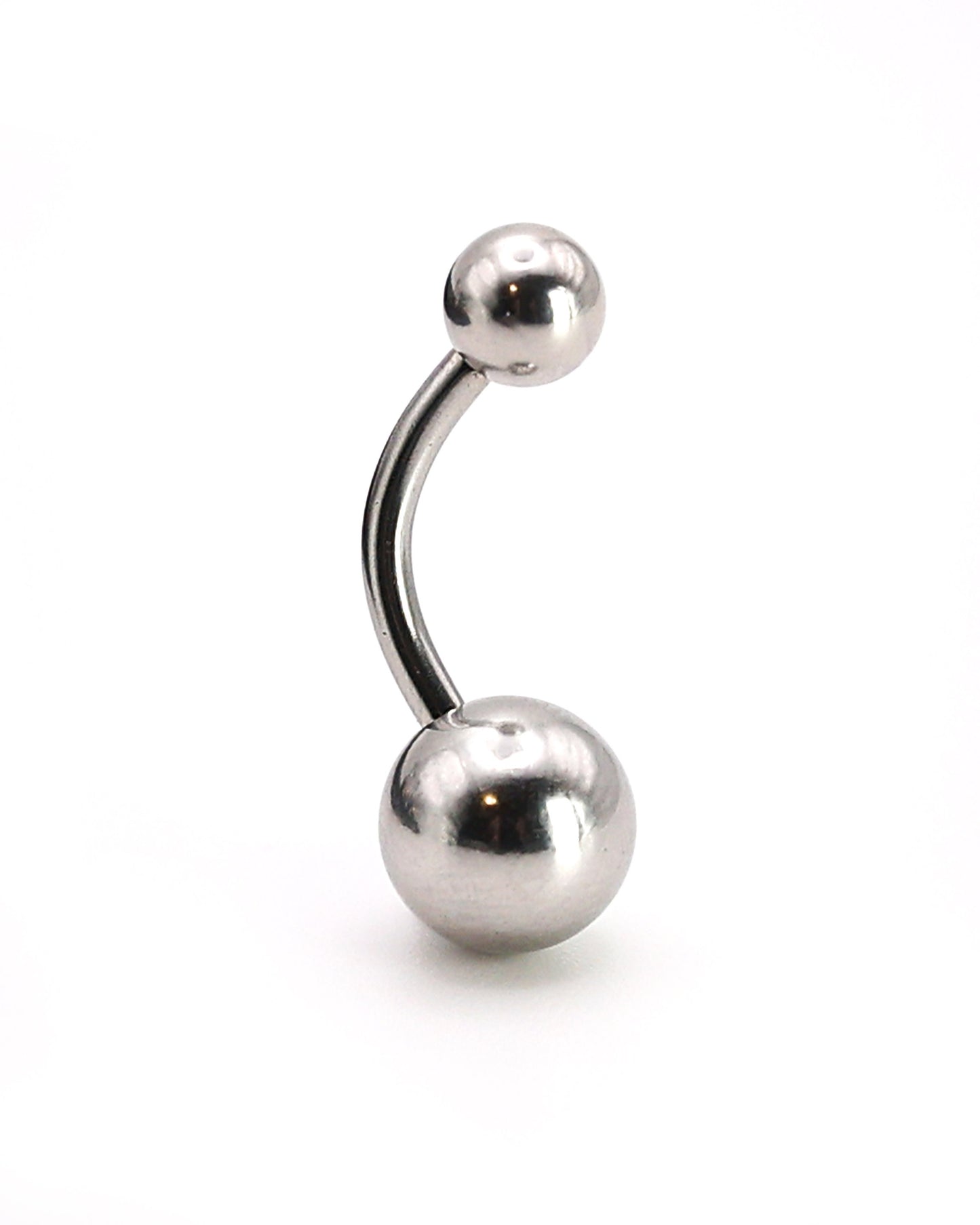 Stainless steel belly bar in silver displayed on a white background