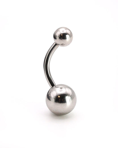 Stainless steel belly bar in silver displayed on a white background
