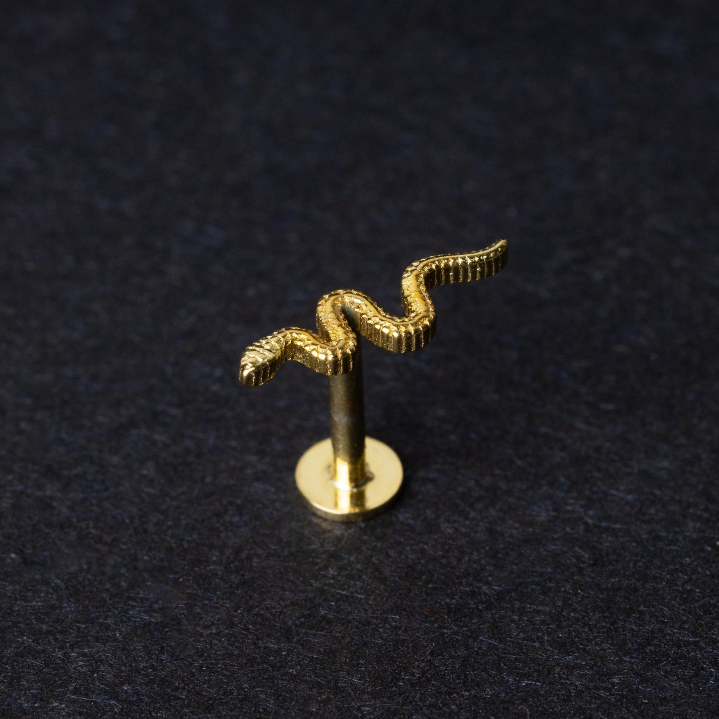 Gold-plated 925 sterling silver snake motif labret displayed on a dark background.