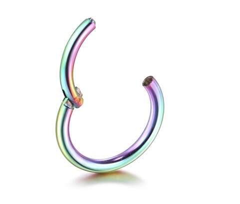 A titanium seamless hoop is displayed with its hinge open on a white background.