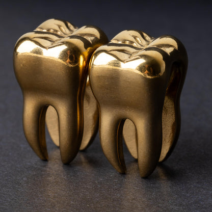 Close-up of gold tooth-shaped ear weights with polished detailing, displayed on a dark background.

